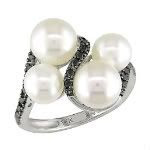 14K White Gold Black Diamond-Accented Round Cultured Pearls Ring