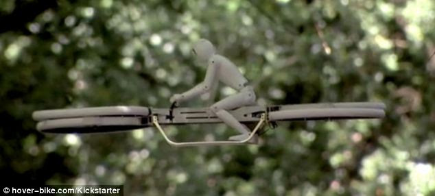 The hoverbike in action - complete with its 3D printed humanoid robot driver.