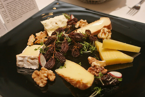 Cheese platter - five types of cheese, red grape mustard and dried grapes