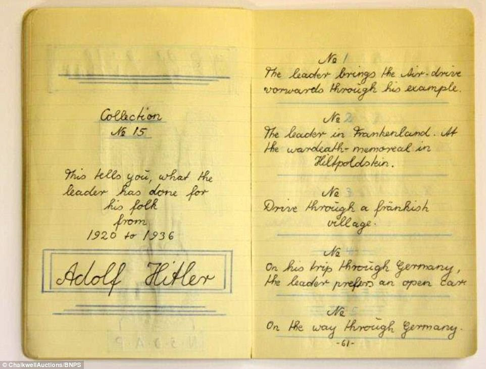 The 400 pictures are accompanied by a handwritten notebook documenting what each picture shows. One page says: 'This tells you what the leader has done for his folk, from 1920 to 1936' (shown left). Some of the captions mention dates and places while others are poetic and obscure such as 'Our flag flutters in our front' and 'Captured by the words the leader speaks'