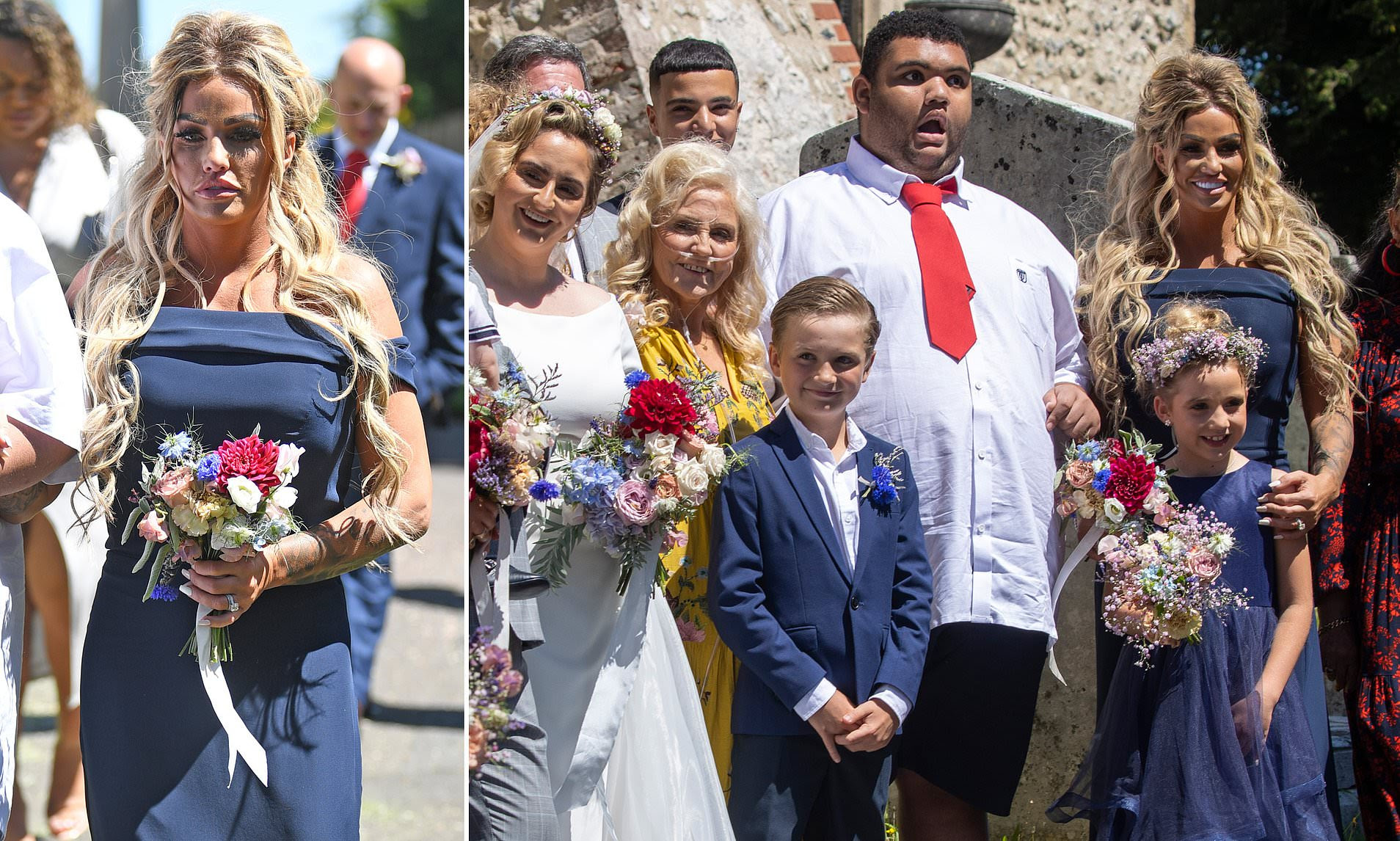 Katie Price looks demure in a navy bridesmaid dress as she arrives at sister Sophie's wedding