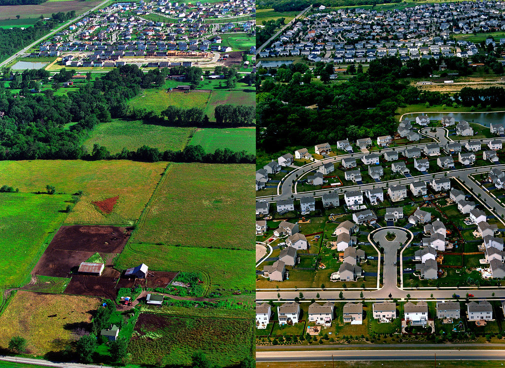 Description of . An aerial view of the Cagwin farmstead near Lockport, IL in 2000. (left) An aerial view of the Willow Walk subdivision built on the same spot as the Cagwin farm from 2007. (right) Photos by Scott Strazzante.