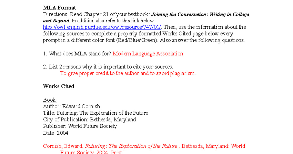Mla Practice Worksheet Research Skills MLA InText