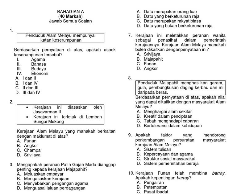 Soalan Sejarah Tingkatan 4 Kertas 1 Dan Jawapan