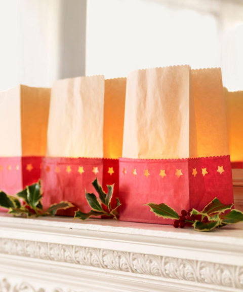 For luminarias, cut red paper bags in half with decorative scissors, and trim the tops of white or brown bags. 
