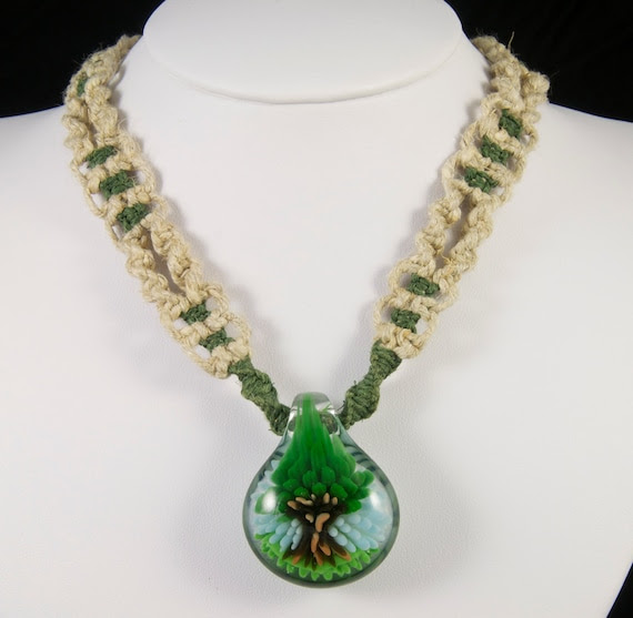 Natural and Green Hemp Necklace w/ Glass Pendant - Jewelry - Necklace - FREE Shipping (US Only)