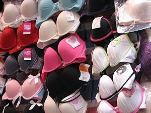 A selection of underwire bras in a retail store