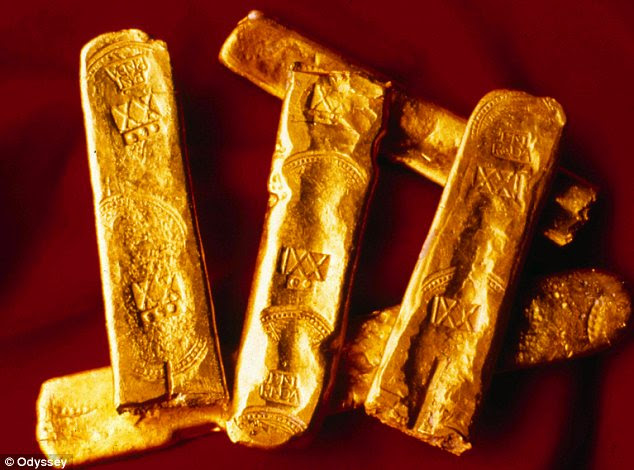 Treasure: Some of the 27 gold bars recovered from the wreck of Buen Jesus y Nuestra Senora del Rosario