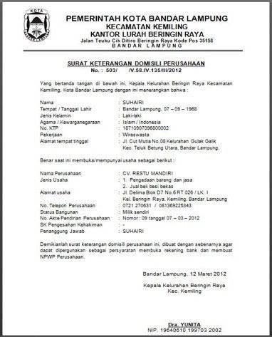 Contoh Surat Domisili Lembaga Dari Kepala Desa Contoh Surat