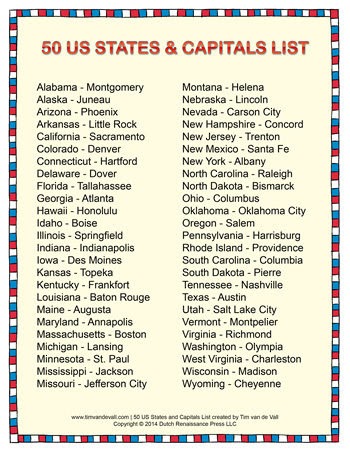 Printable List Of 50 States
