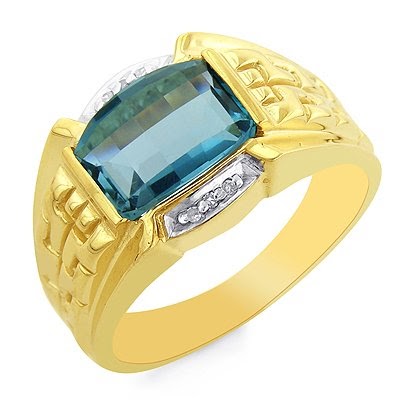 Blue Topaz Rings: 10K Yellow Gold Diamond Accented & Blue Topaz Men's ...