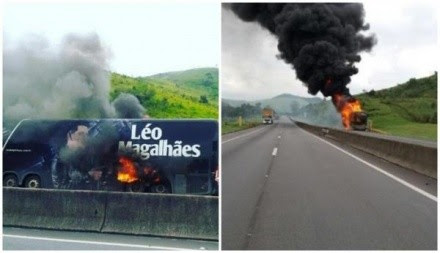 Resultado de imagem para onibus do cantor léo magalhães pega fogo