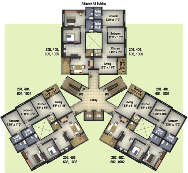 Kumar Properties' Kumar Palmcrest Pisoli Pune, Floor Plan Even Floors Flat Number 1,2,3,4 - 705 sq.ft. Carpet & Flat Number 5 & 6 - 694 sq.ft. Carpet