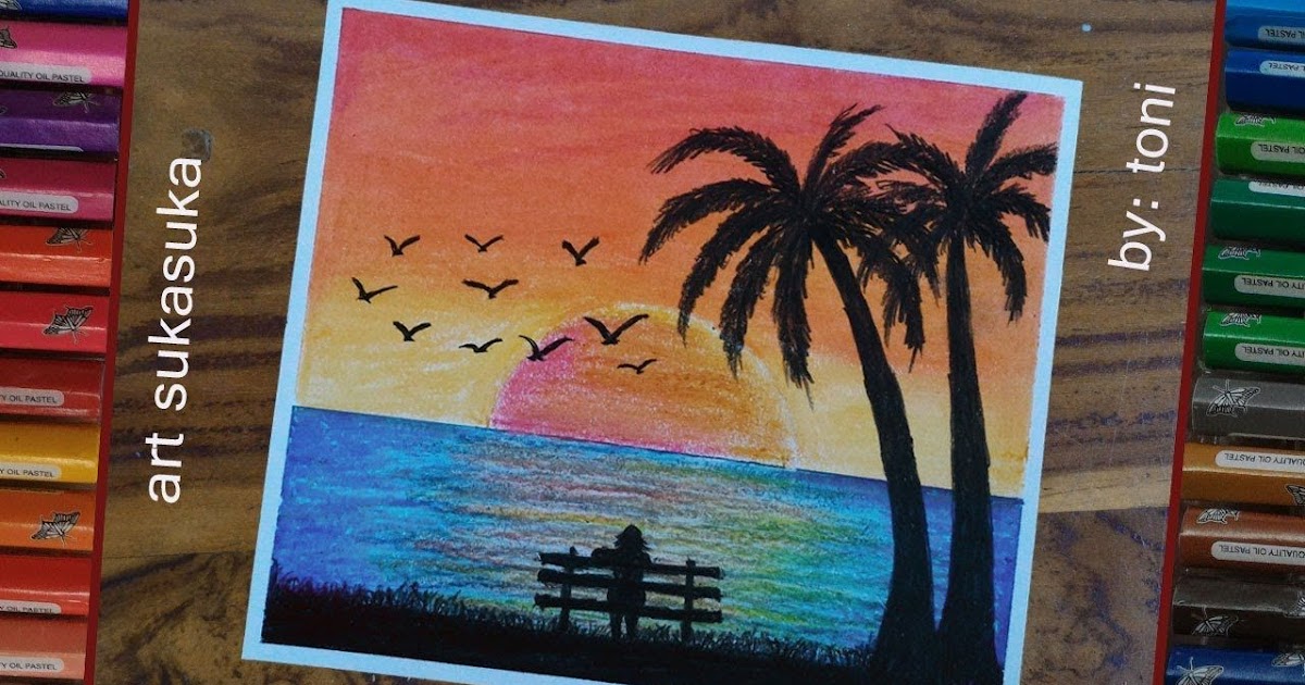 25 Contoh Gambar Pemandangan Pantai Menggunakan Crayon