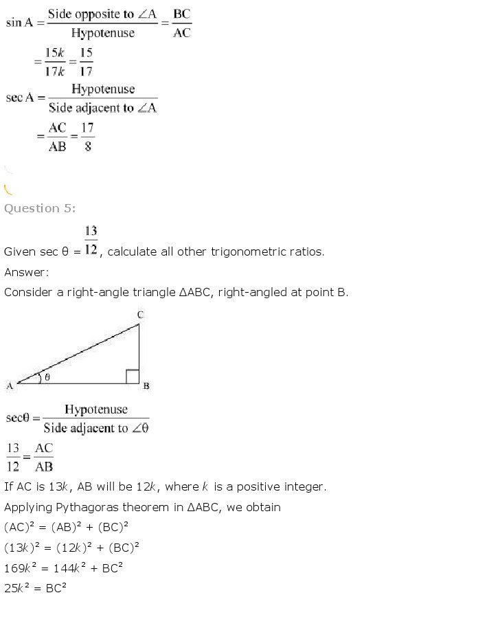 NCERT Solutions for Class 10th Maths Chapter 8 - Introduction to Trigonometry