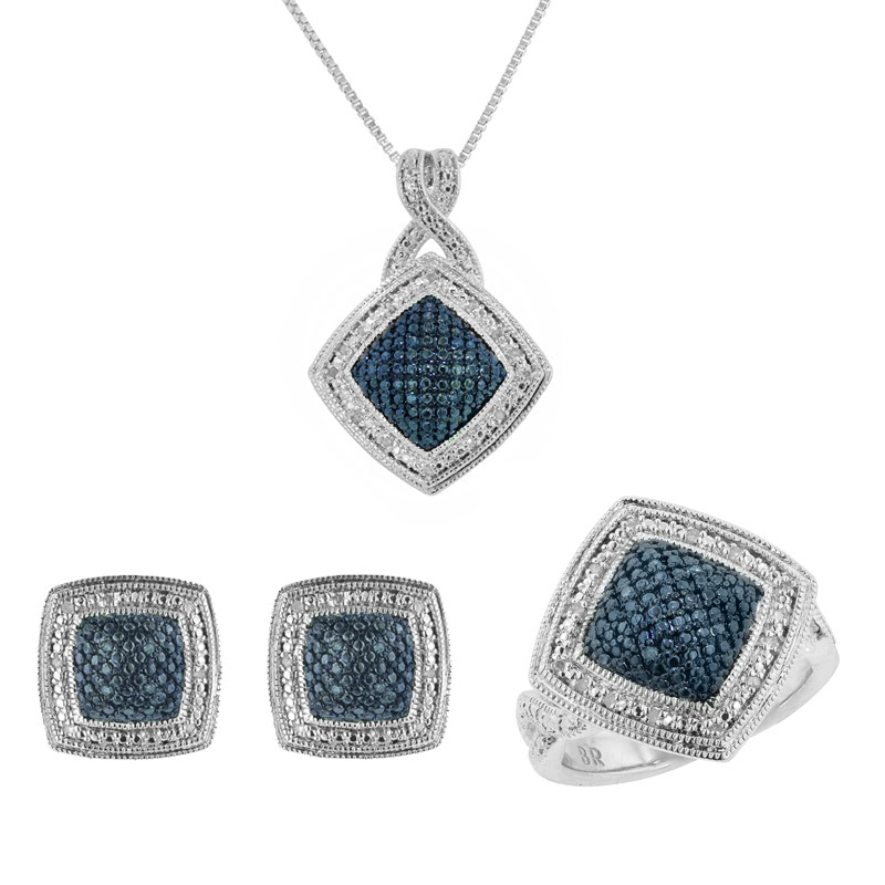 Jewelry Sets 2017: 3 Piece 1/4 cttw Rhodium Plated Square Blue and ...
