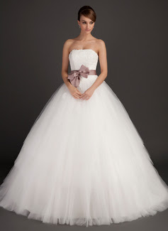 Ball-Gown Strapless Sweep Train Satin Tulle Wedding Dress With Lace Sashes 