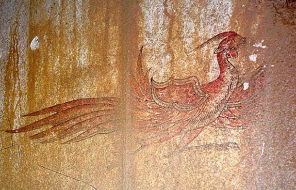The Red Bird of the South painting, Kitora Tomb, Asuka, Japan 