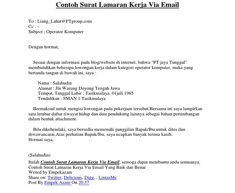 27+ Contoh Surat Lamaran Kerja Via Email Yang Baik - Contoh Surat ...