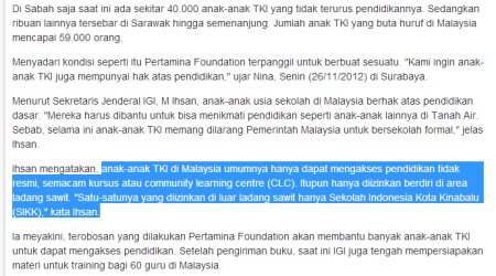 Anak TKI hanya apat mengakses pendidikan tidak resmi