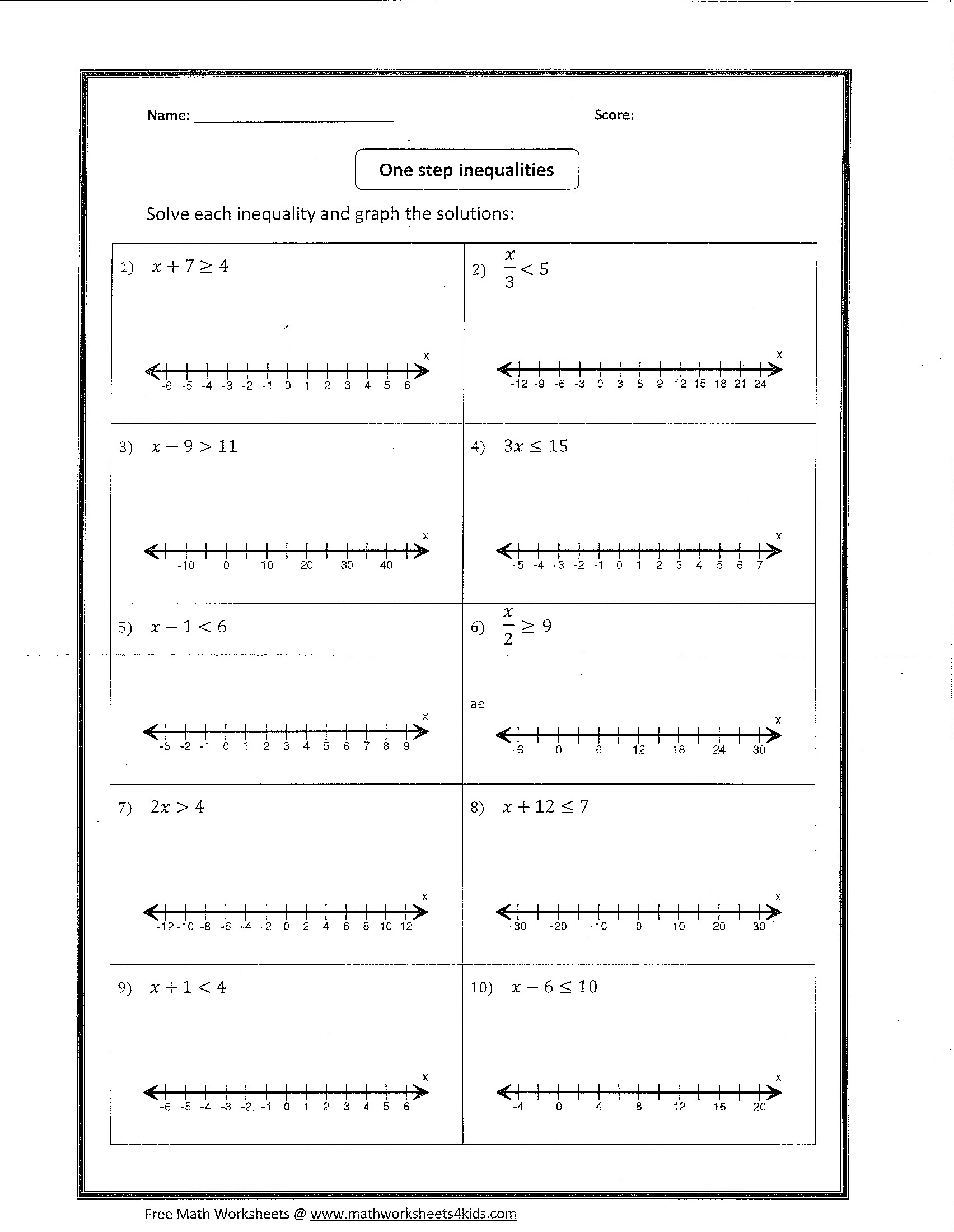 Math Inequalities Worksheets 11th Grade algebra worksheetsone Intended For Solving One Step Inequalities Worksheet