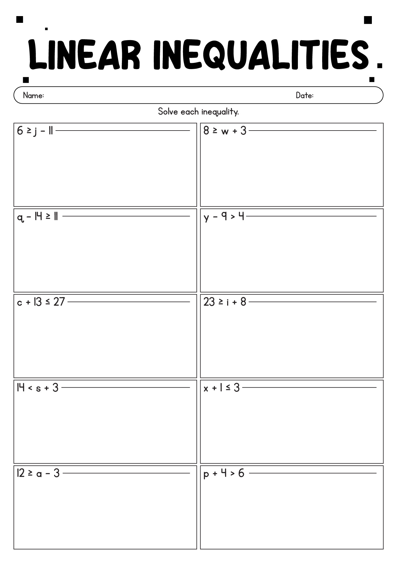 Worksheet Write The Inequality Phrase