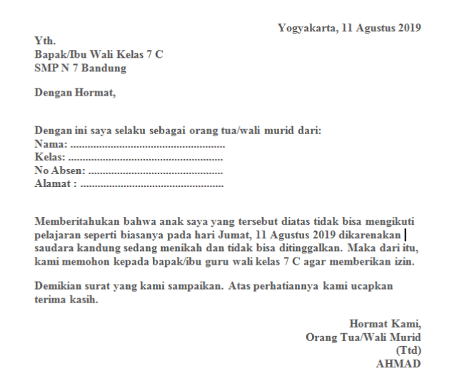 Contoh Surat Izin Tidak Masuk Sekolah Singkat