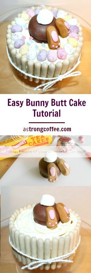 An easy to make bunny butt cake using a Tunnock's Teacake and Cadbury's Fingers and mini eggs
