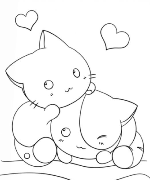 Anime Cute Cat Coloring Pages : Two Kawaii kittens in cute coloring