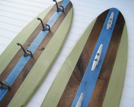 Green and Blue Large Wood Surfboard Coat Rack