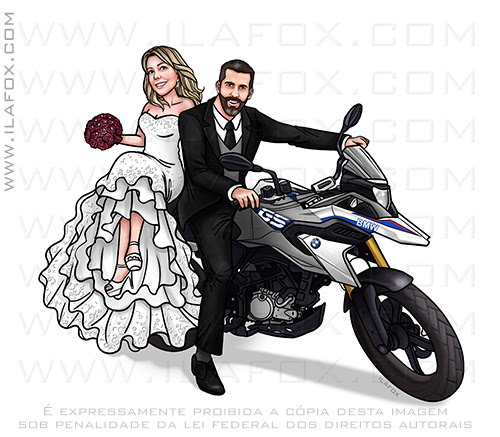 caricatura noivos, caricatura bonita, caricatura casal, caricatura casamento, caricatura noivos na moto, caricatura encomenda, ila fox