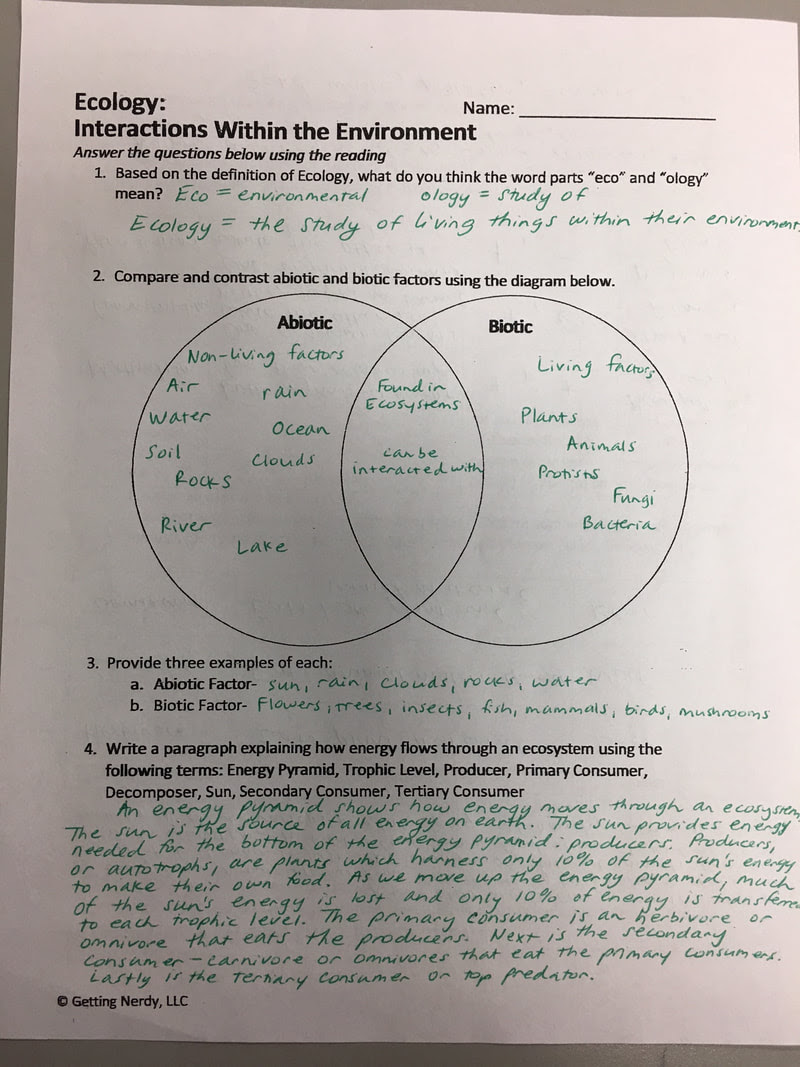 Interactions In Ecosystems Worksheet Answer Key