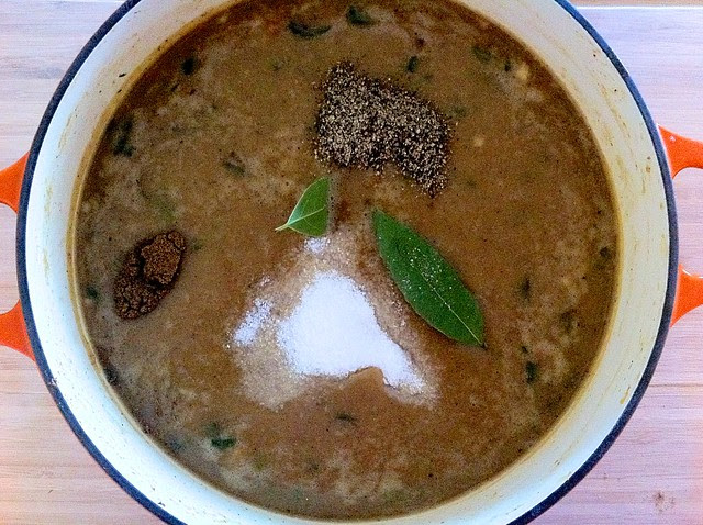 Salt, Pepper, Bay Leaves and Garam Masala Added to Pot Pie Filling