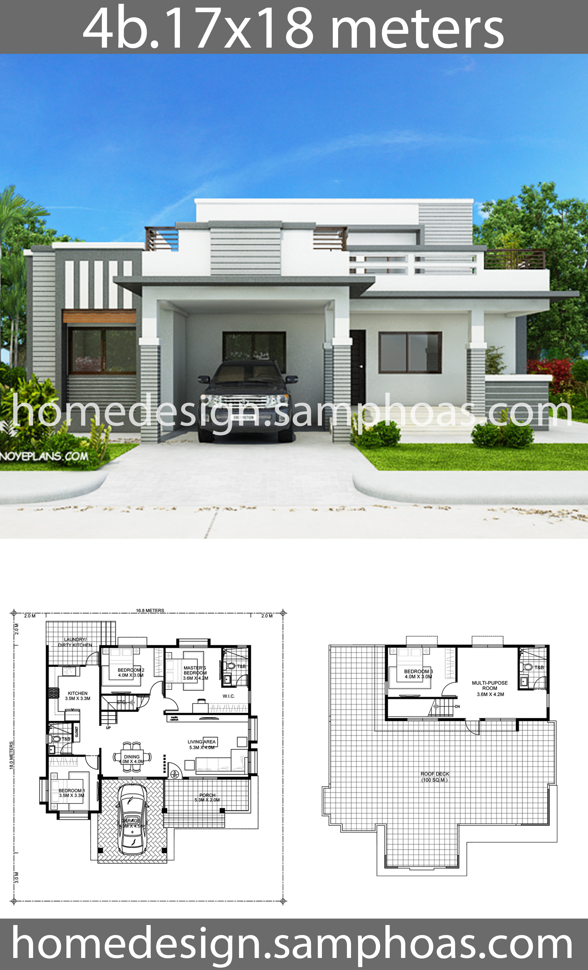 House Plans 17x18m with 4 bedroom. - House Plan Map