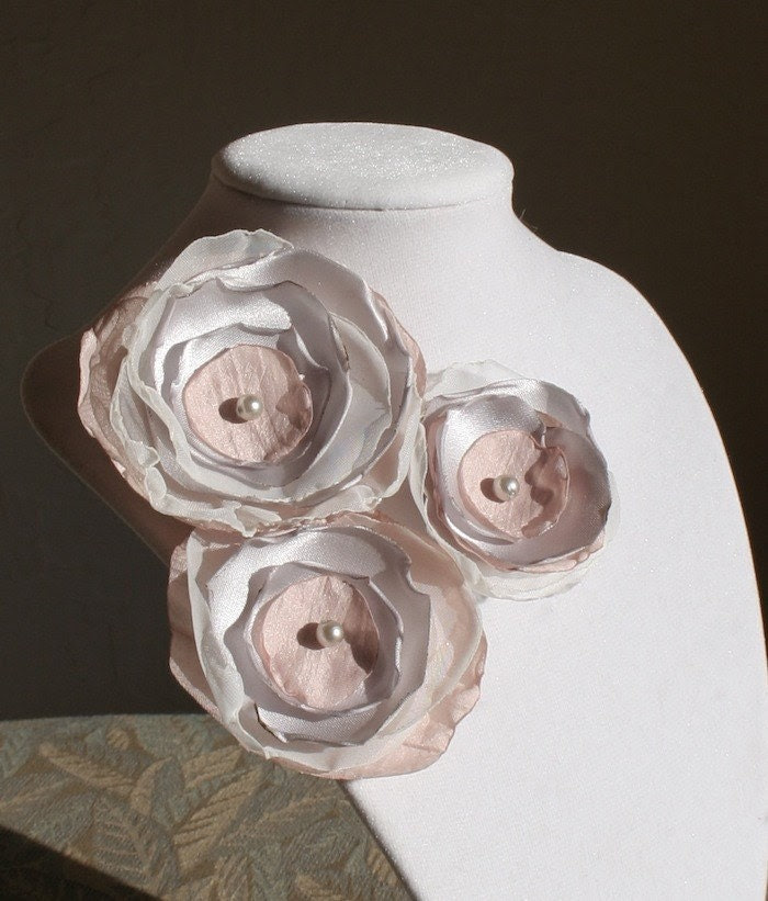 Silver-Gray and Pink Fabric Flower Brooch