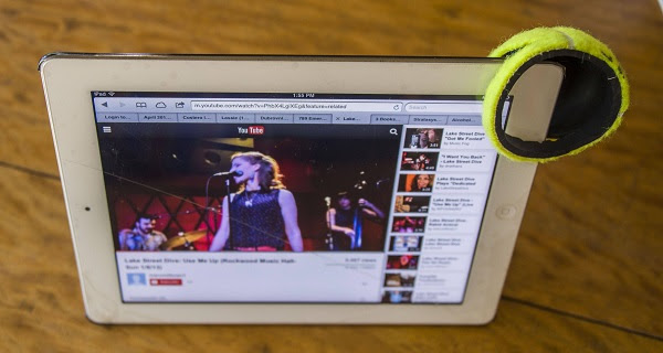 Amplify iPad speaker with tennis ball.