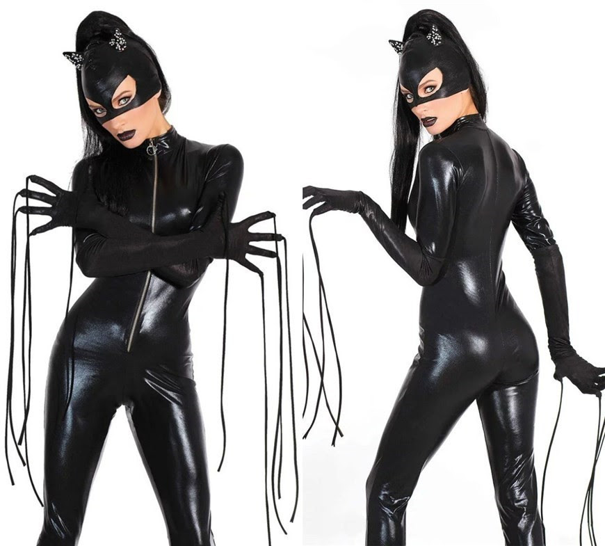 2016 New Sexy Pvc Latex Catwoman Catsuit Halloween Costume Women Black
