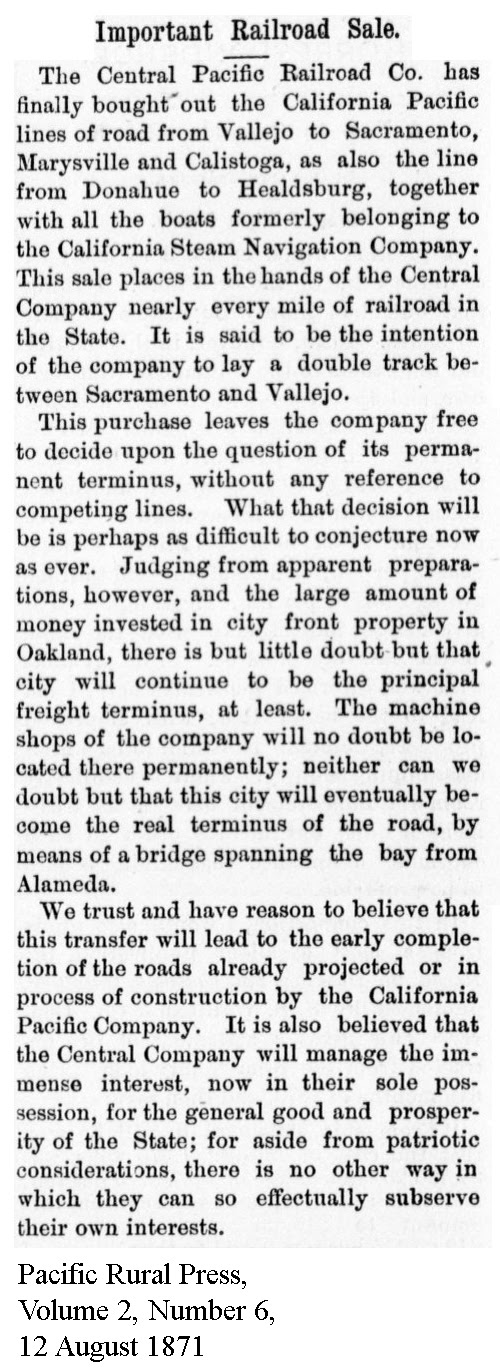 CenPac purchased CalP, inc Calif Steam Nav and SF&NP - Pacific Rural Press, Volume 2, Number 6, 12 August 1871.