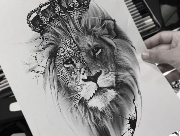 Realistic Tattoo Lion With Crown Drawing - tattoo design