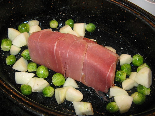 Prociutto Wrapped Pork with Apples & Brussel Sprouts