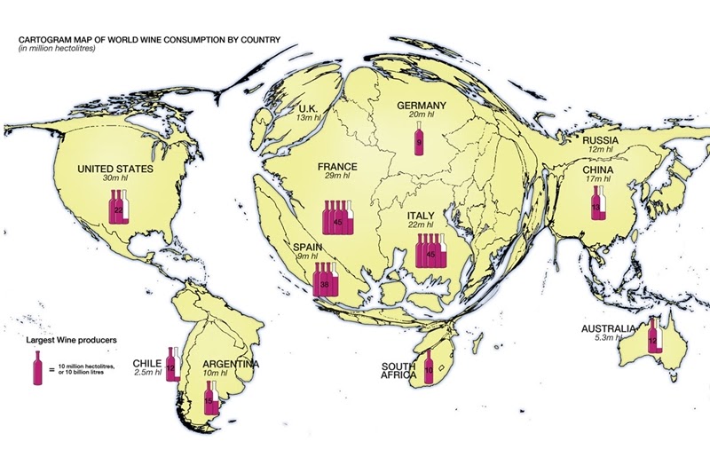 Cartograma de los mayores consumidores de vino en el mundo