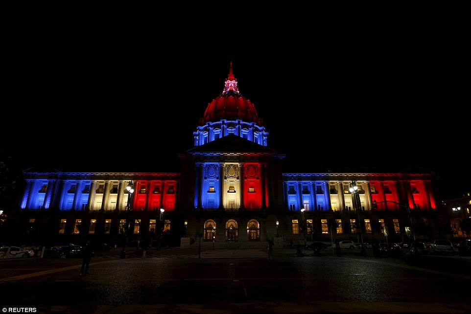 San Francisco's City Hall also took on the colours of the French flag last night, as the city showed its support for Paris