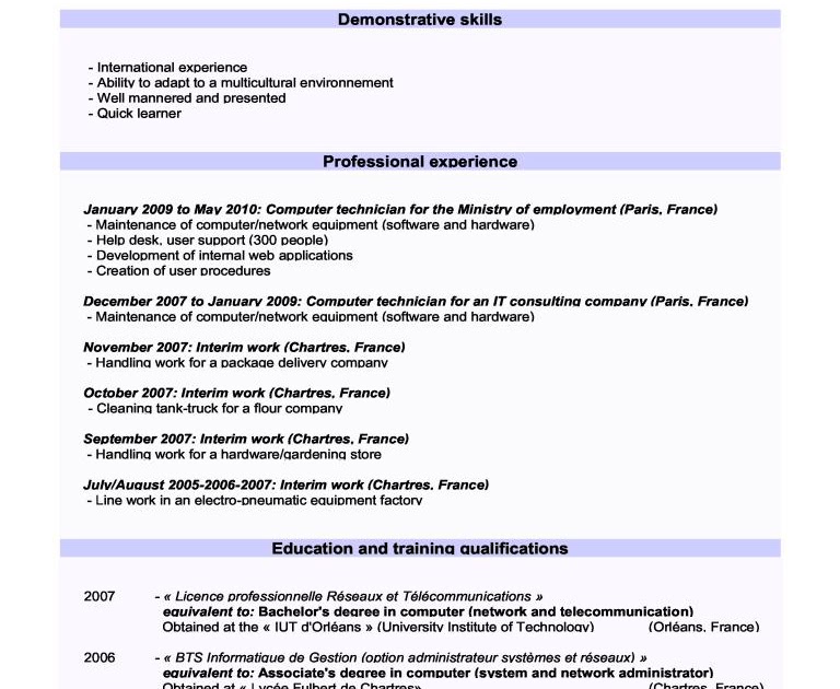 Example Resume Exemple Cv Anglais Cuisine