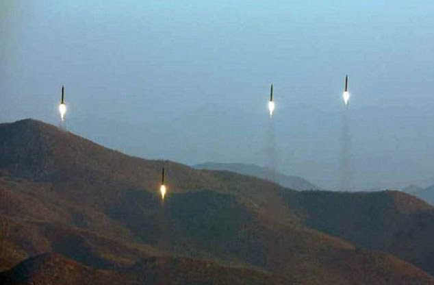 The news agency commented said the missiles are 'tasked to strike the bases of the US imperialist aggressor forces in Japan in contingency.' Pictured: The four missiles