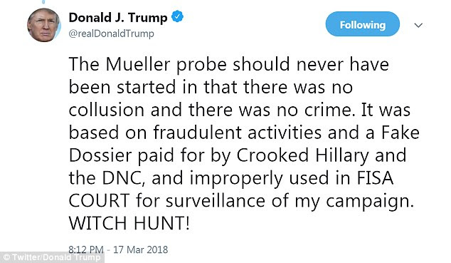 On Saturday, President Trump called out Special Counsel Robert Mueller by name  - for the first time - again labeling the Russia probe a 'WITCH HUNT' 