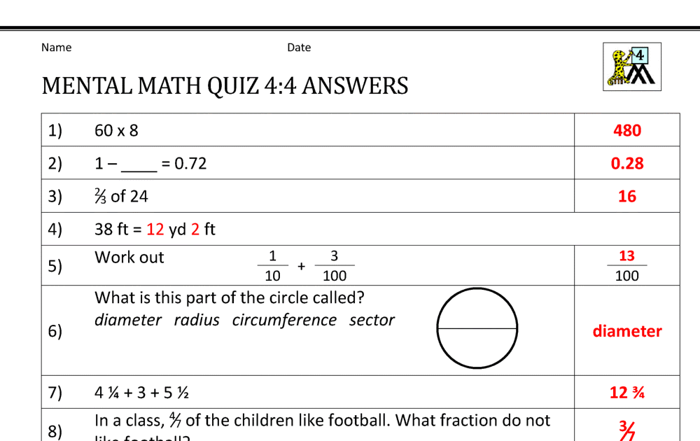 Mathematics Questions And Answers For Grade 4 : Mental Math 4th Grade