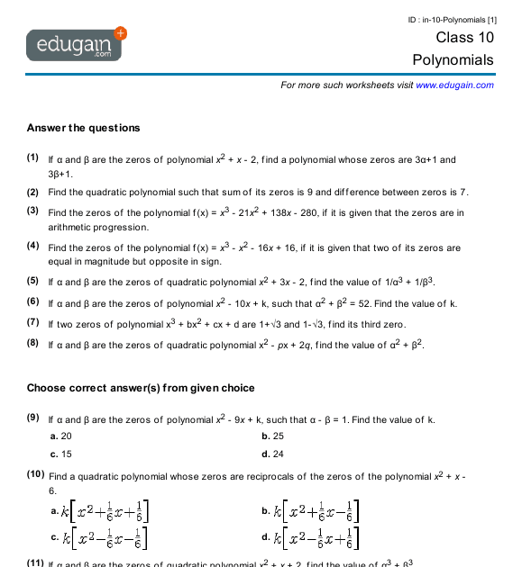 Grade 10 Math Worksheets