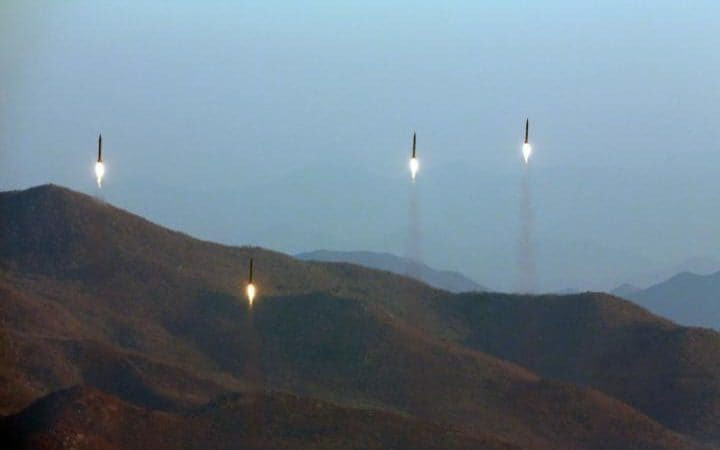 An undated file photo made available by the North Korean Central News Agency (KCNA), the state news agency of North Korea, on 07 March 2017, shows four projectiles during a ballistic rocket launching drill of Hwasong artillery units of the Strategic Force of the Korean People's Army (KPA) at an undisclosed location