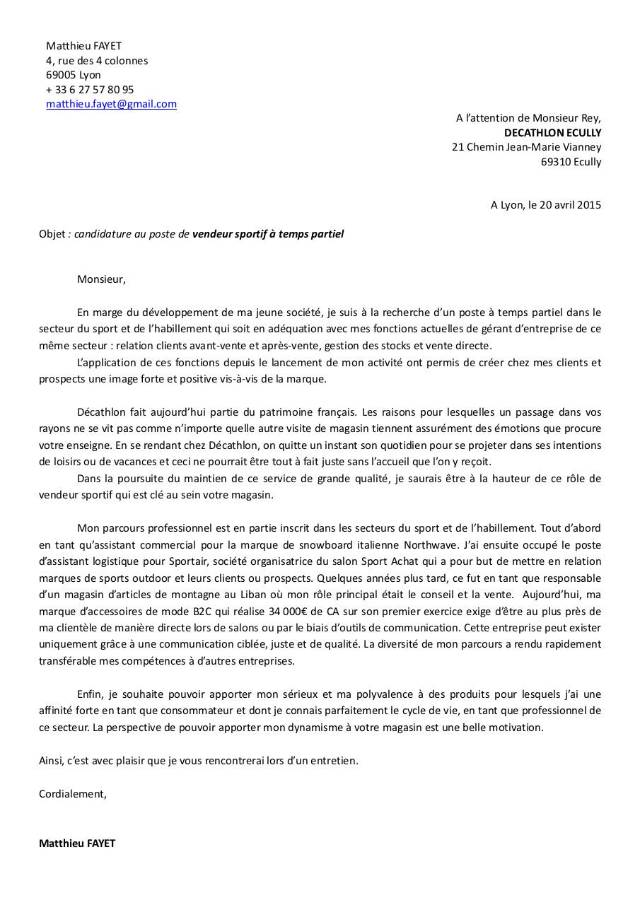 Lettre De Motivation Chef De Rayon Decathlon  Exemple de Lettre