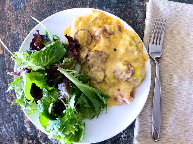 Serving of Smoked Sausage and Leeks Cheesy Bake